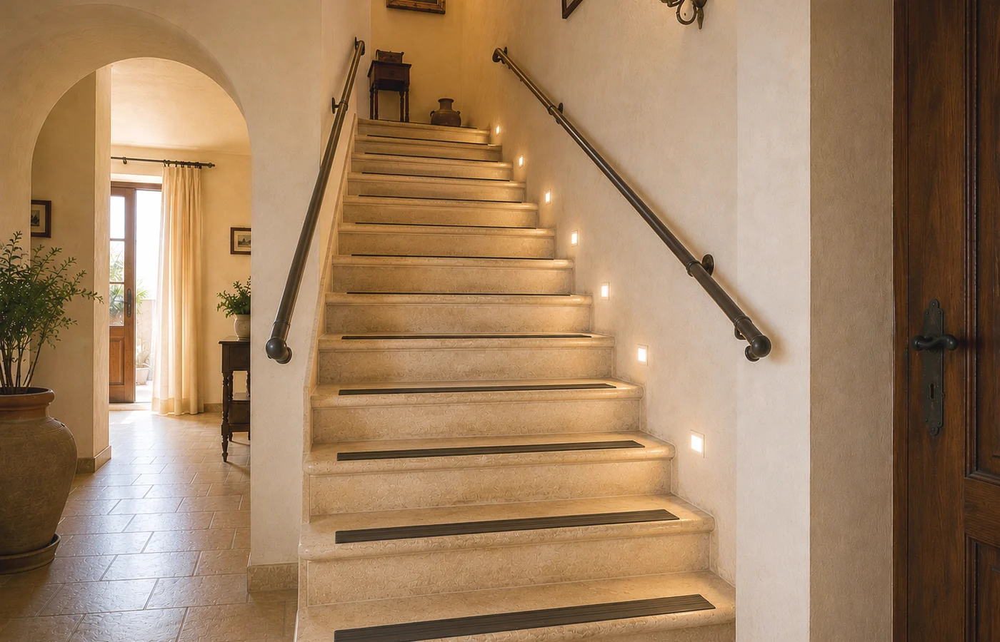Editorial illustration of safer stairs with clear rail and step rhythm