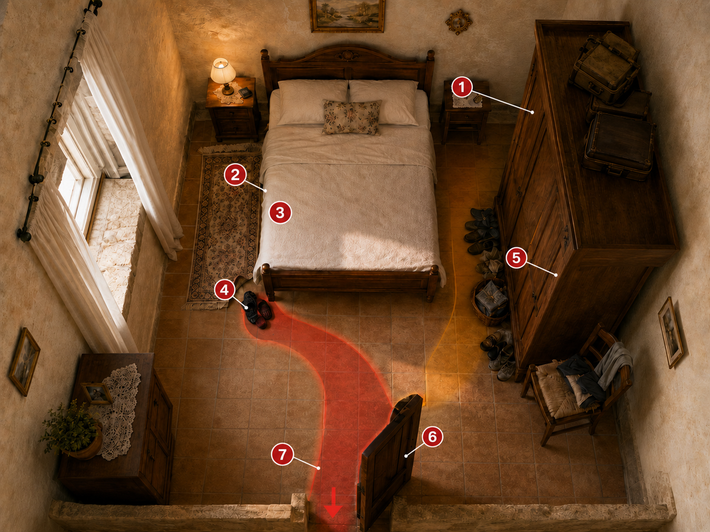 Annotated bedroom map showing night-time movement and transfer risks