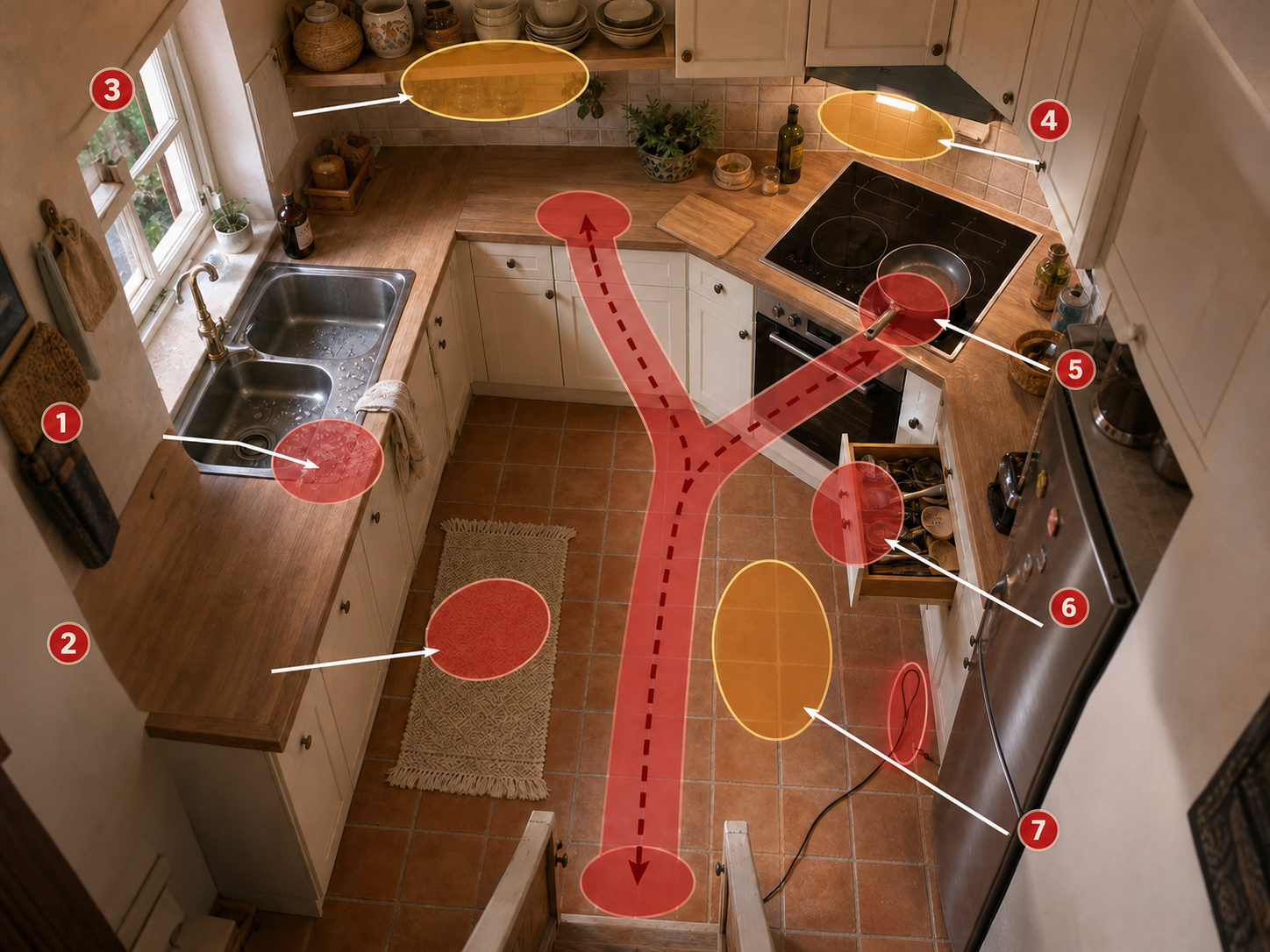 Annotated kitchen map showing common reach, cooking and movement risks